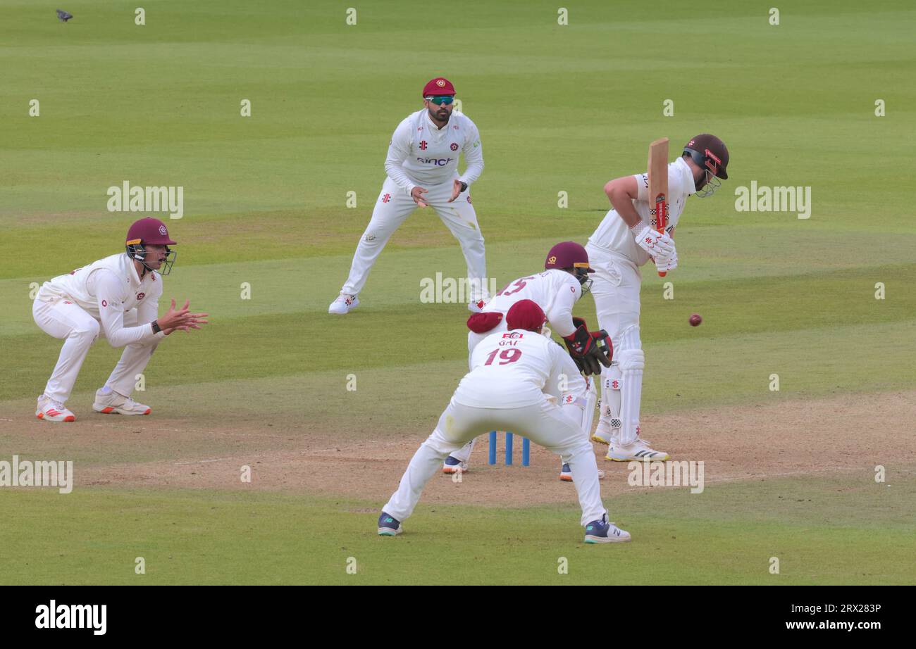 London, UK. 22nd Sep, 2023. Northamptonshire put some fielder pressure on Dom Sibley as Surrey are forced to follow-on against Northamptonshire in the County Championship at the Kia Oval, day four. Credit: David Rowe/Alamy Live News Stock Photo