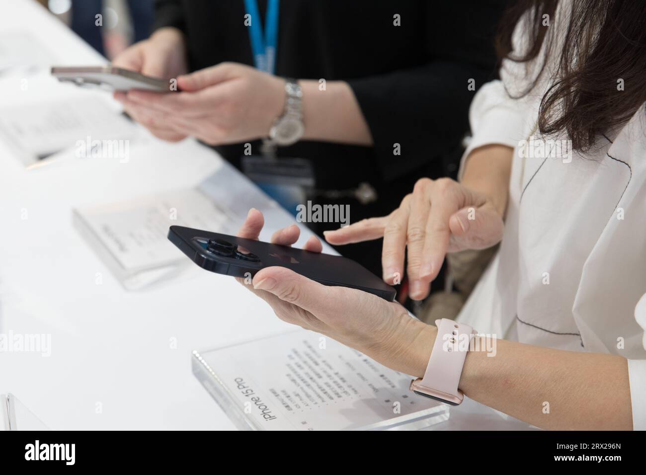 iPhone 15 series   handsets on display at  a store in Taiwan on September 22, 2023 . Stock Photo