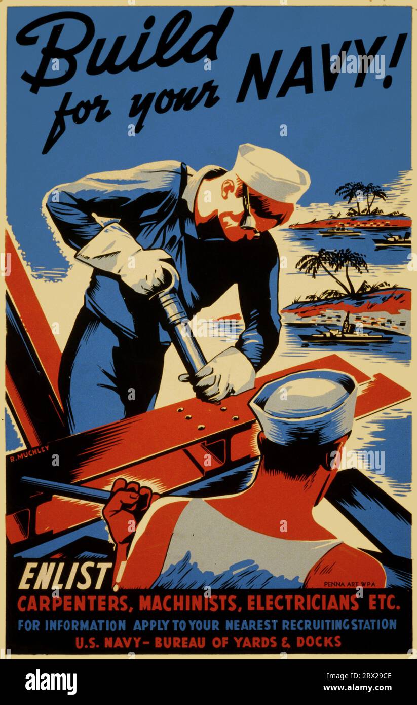 Poster encouraging skilled laborers to join the Seabees as part of the war effort: 'Build for your Navy! Enlist! Carpenters, machinists, electricians etc. ' Stock Photo