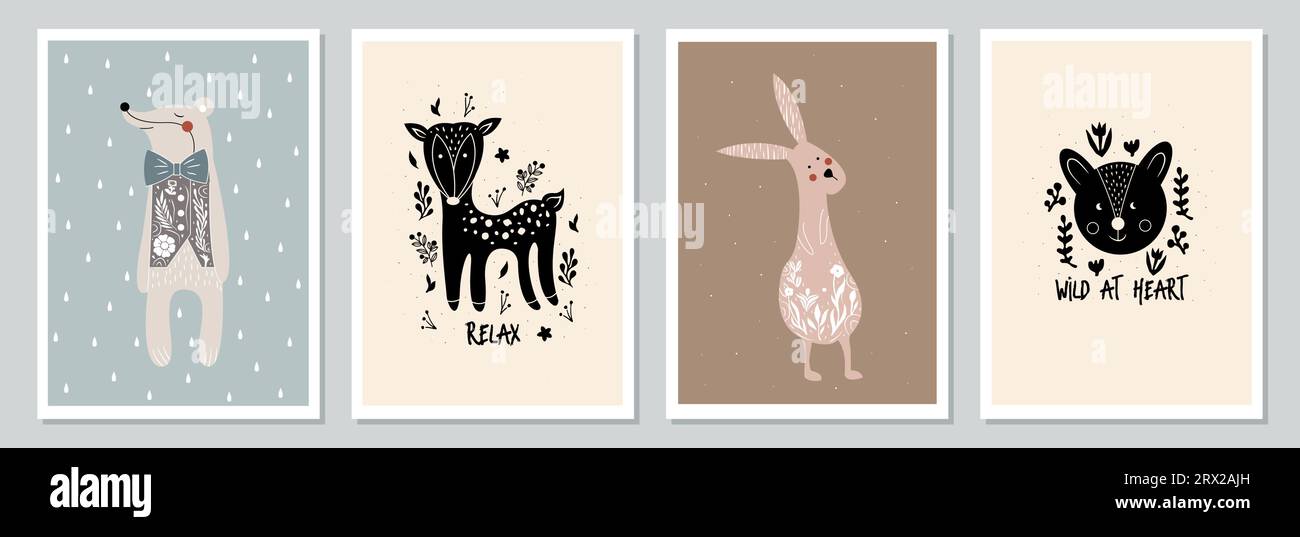 Set of hand drawn vector posters with forest animals and plants. Cute ...