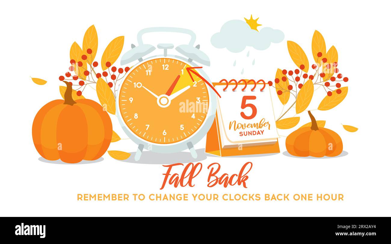 Daylight saving time ends 5 november, sunday. Fall Back banner. Alarm clock and calendar date