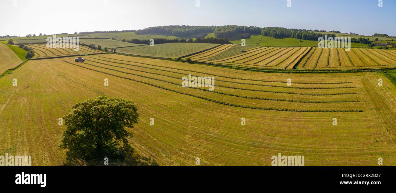 Aerial view of hay fields near baslow village hires stock photography