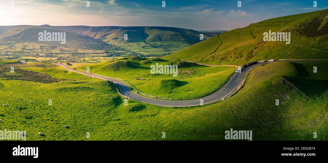 Aerial view of road to Edale, Vale of Edale, Peak District National Park, Derbyshire, England, United Kingdom, Europe Stock Photo