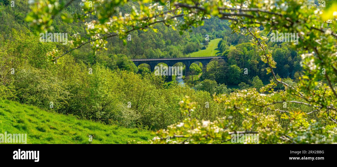 View of Monsal Viaduct in Monsal Dale, Peak District National Park, Derbyshire, England, United Kingdom, Europe Stock Photo