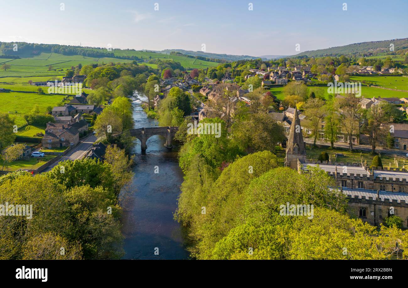 Aerial view of river Derwent and Baslow village, Peak District National Park, Derbyshire
