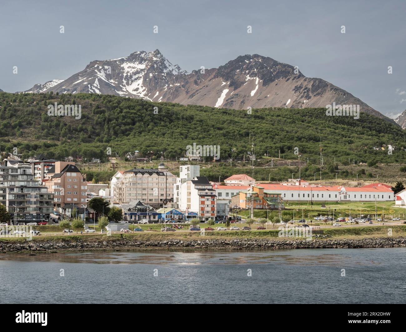 A view of the shoreline of Ushuaia in the Beagle Channel, Tierra del Fuego, Argentina, South America Stock Photo