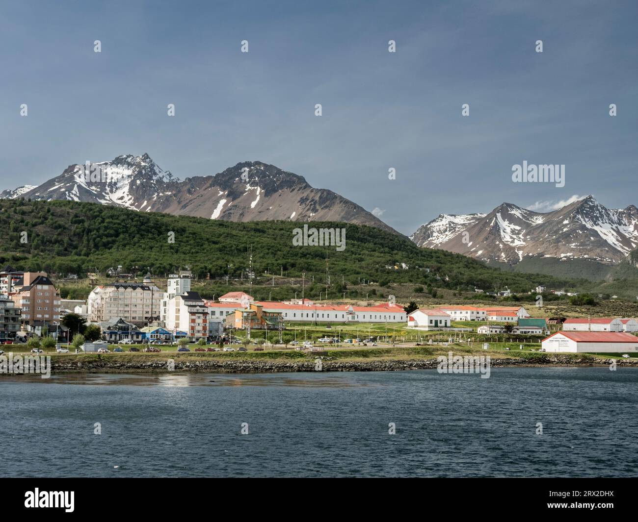A view of the shoreline of Ushuaia in the Beagle Channel, Tierra del Fuego, Argentina, South America Stock Photo