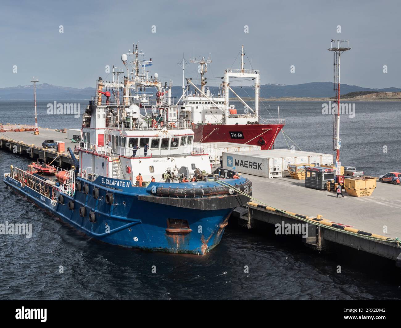 A view of the commercial dock in Ushuaia in the Beagle Channel, Ushuaia, Tierra del Fuego, Argentina, South America Stock Photo