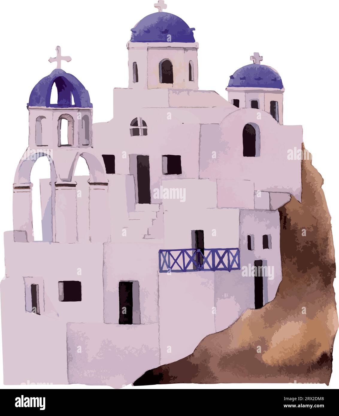 Watercolor style flat drawing of the SANTORINI CYCLADIC HOUSES, GREECE Stock Vector