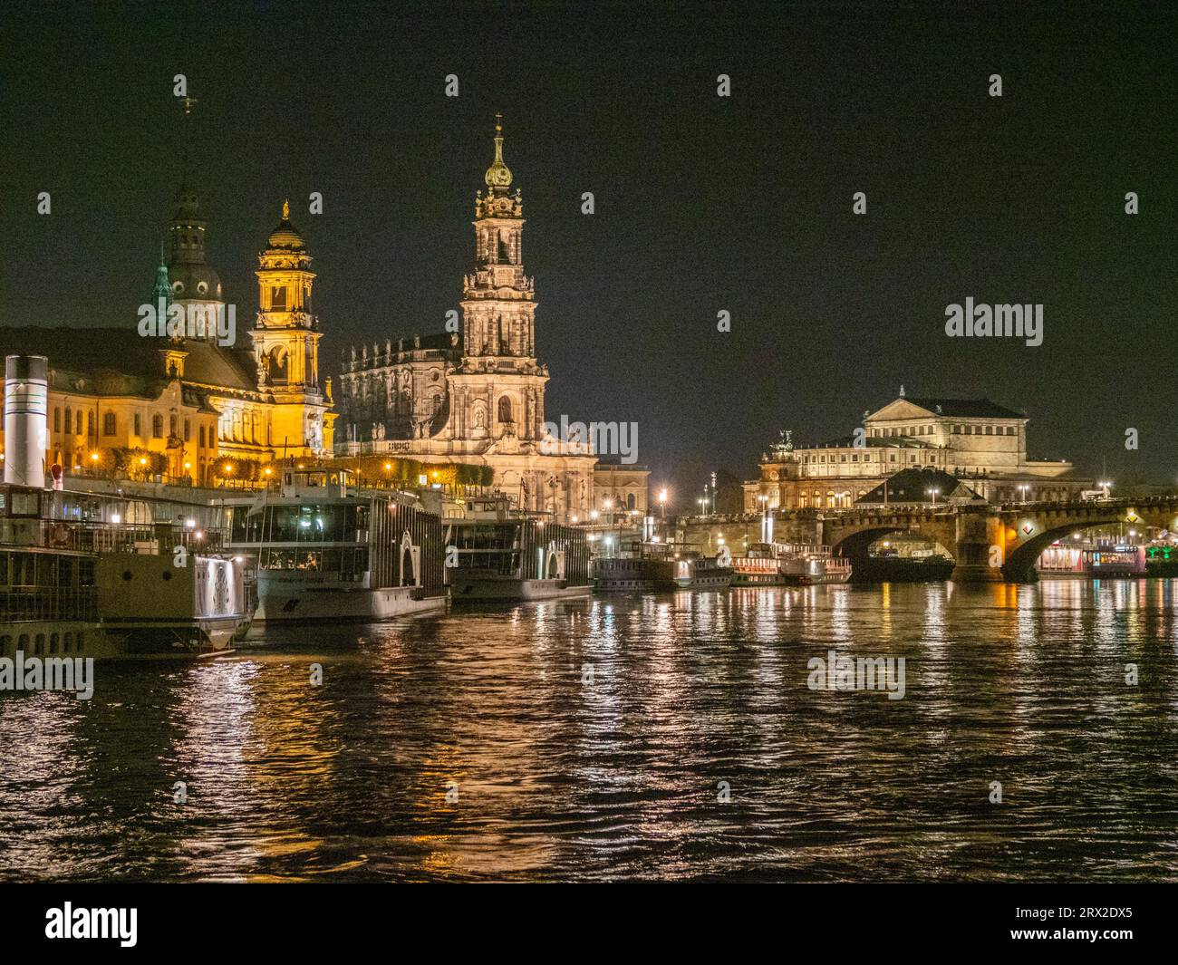 View of modern Dresden by night from across the Elbe River, Dresden, Saxony, Germany, Europe Stock Photo