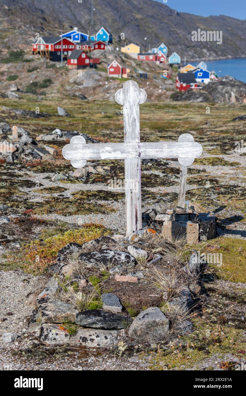 A view of the cemetery in the colorful town of Ilulissat, formerly Jakobshavn, Western Greenland, Polar Regions Stock Photo