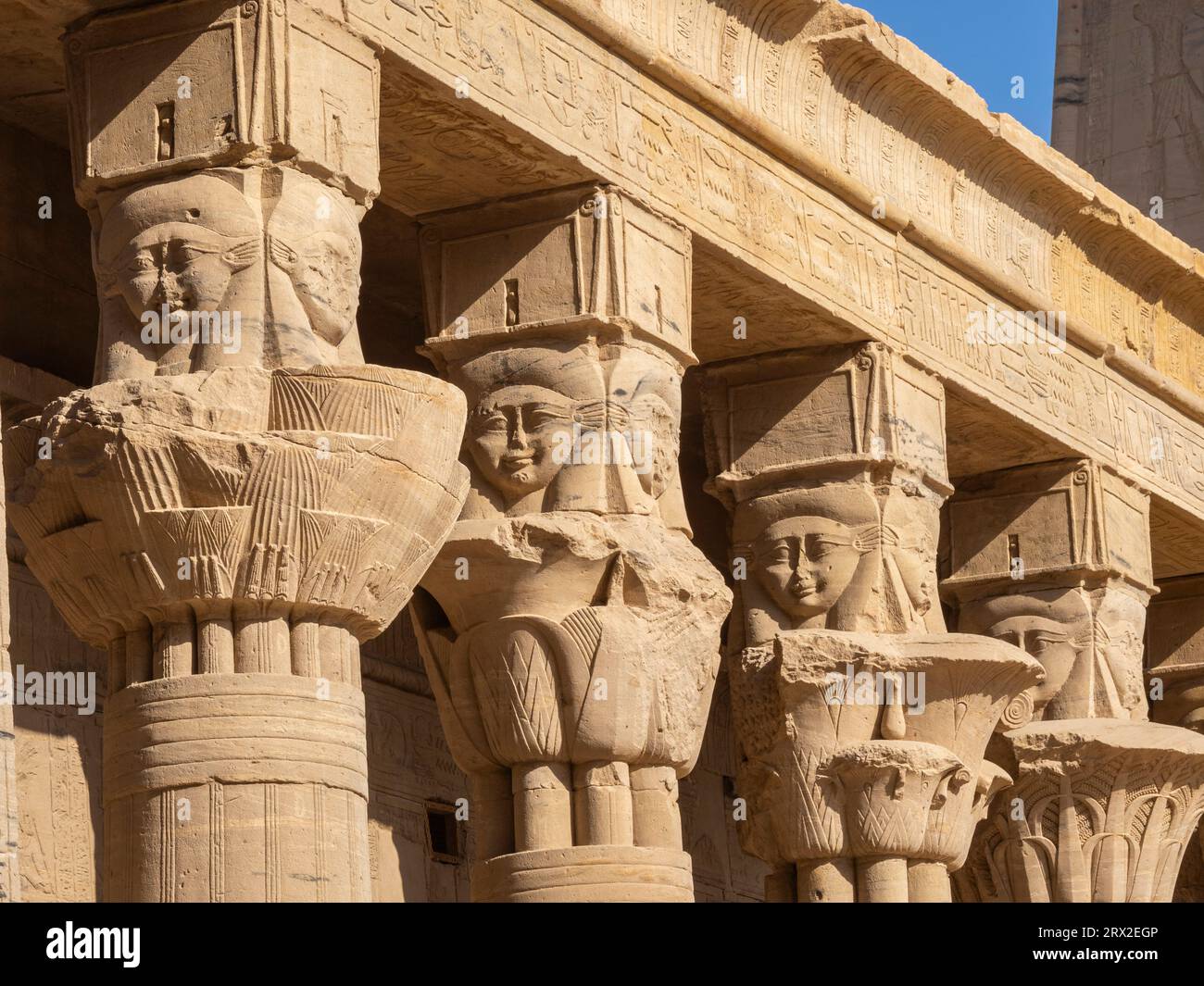 Columns at the Philae temple complex, The Temple of Isis, currently on the island of Agilkia, UNESCO World Heritage Site, Egypt, North Africa, Africa Stock Photo