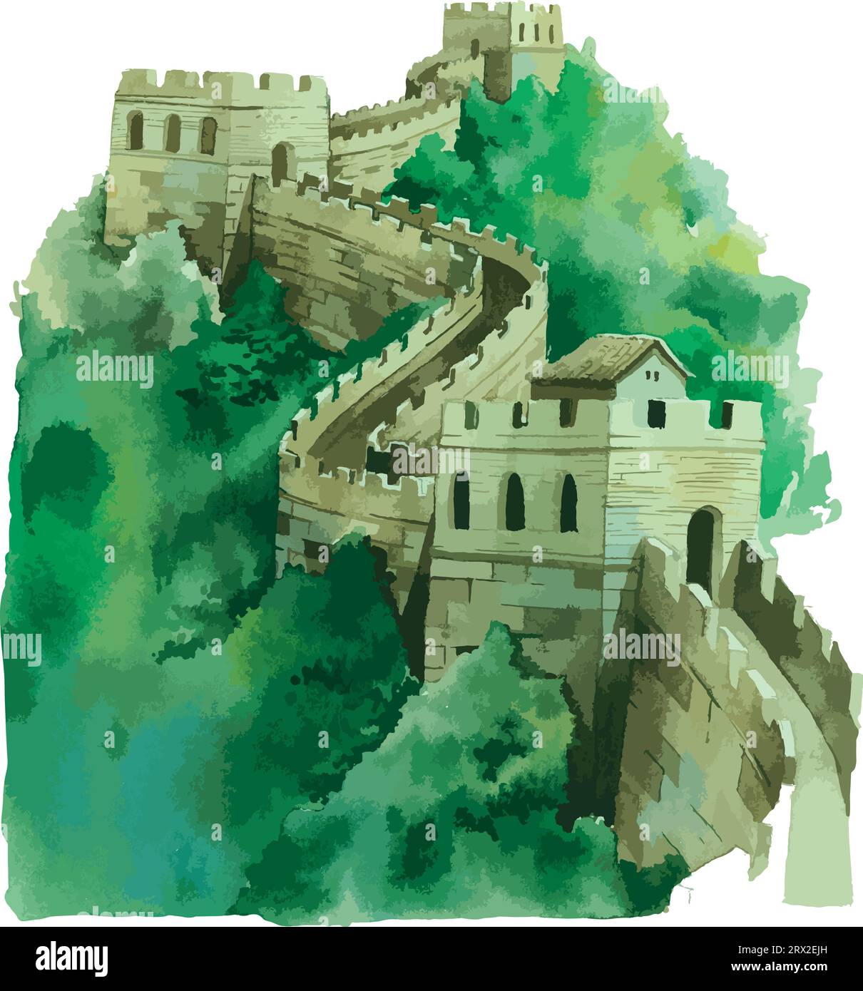 Watercolor style flat drawing of the GREAT WALL OF CHINA, BEIJING Stock Vector