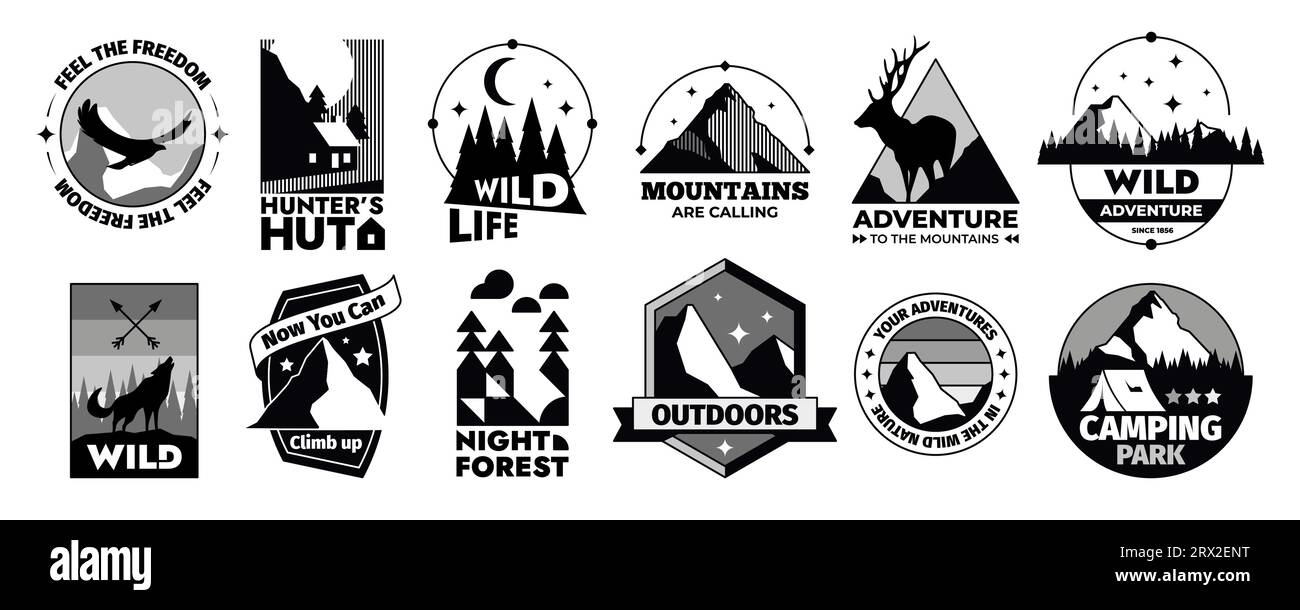 Retro wilderness logo. Summer hiking trip and camp emblem with silhouettes of trees and sky. Camp label with alps sketch vector logo. Black badges with wild nature and animals, camp site Stock Vector