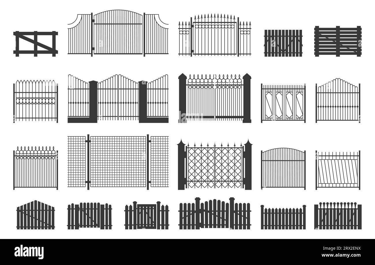 Fence and gate. Decorative ornamental grid metal frames, garden ornamental boundary construction, entrance security concept. Vector isolated set. Private territory protection, outdoor wooden planks Stock Vector