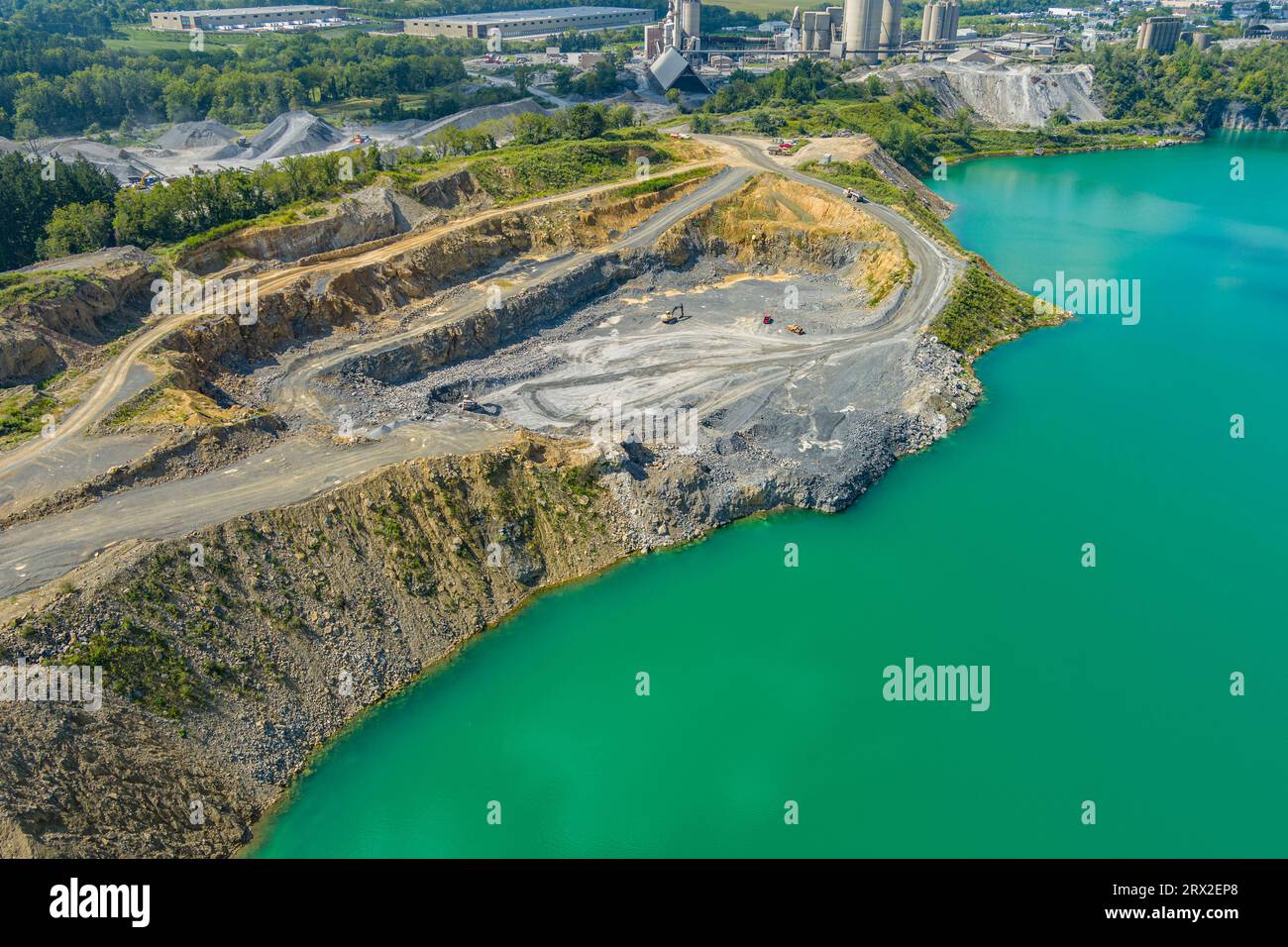 Aerial view of rock quarry filled with water, Pennsylvania, USA Stock
