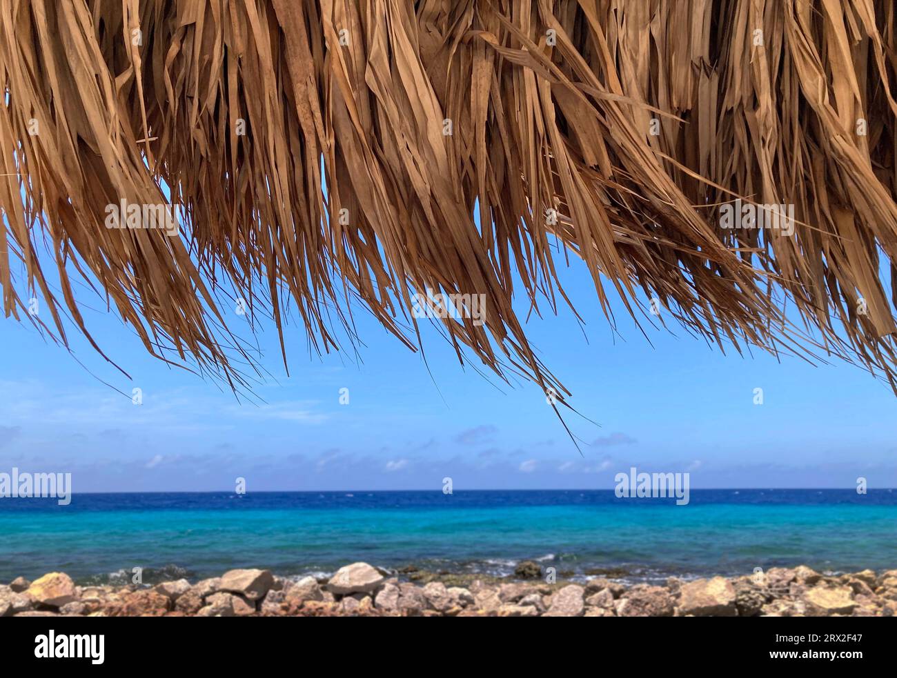 Thatched roof palm fronds blowing in the breeze with Caribbean sea, Curacao Stock Photo