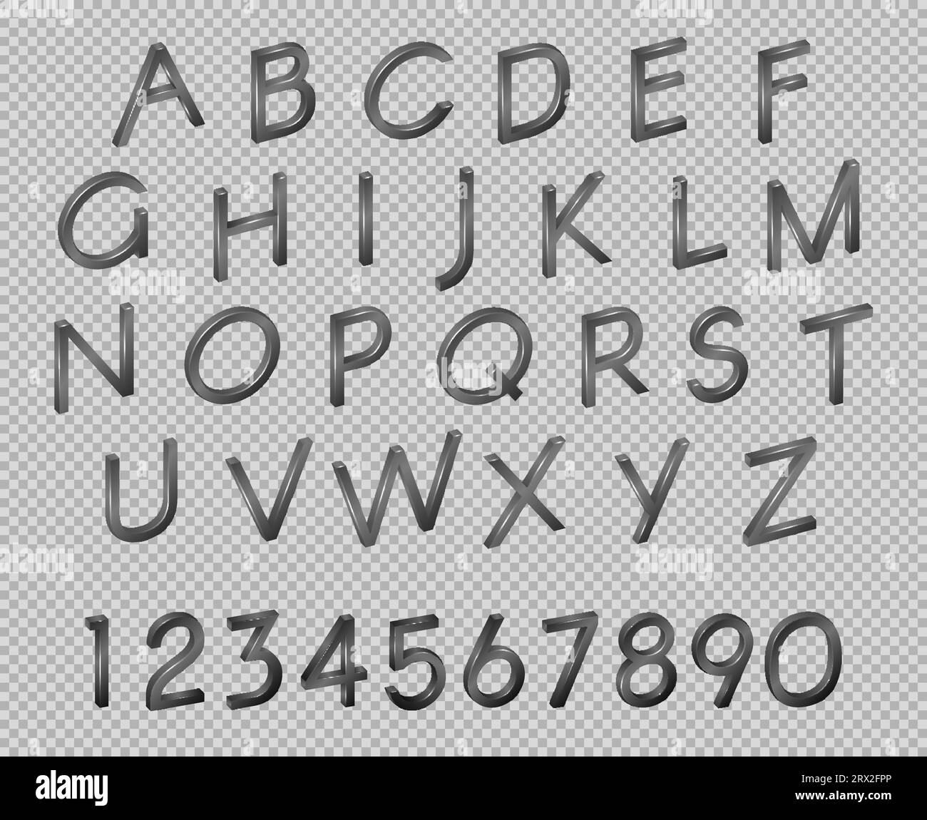 Alphabet, numbers, font isometry in green, in a realistic 3D style on a