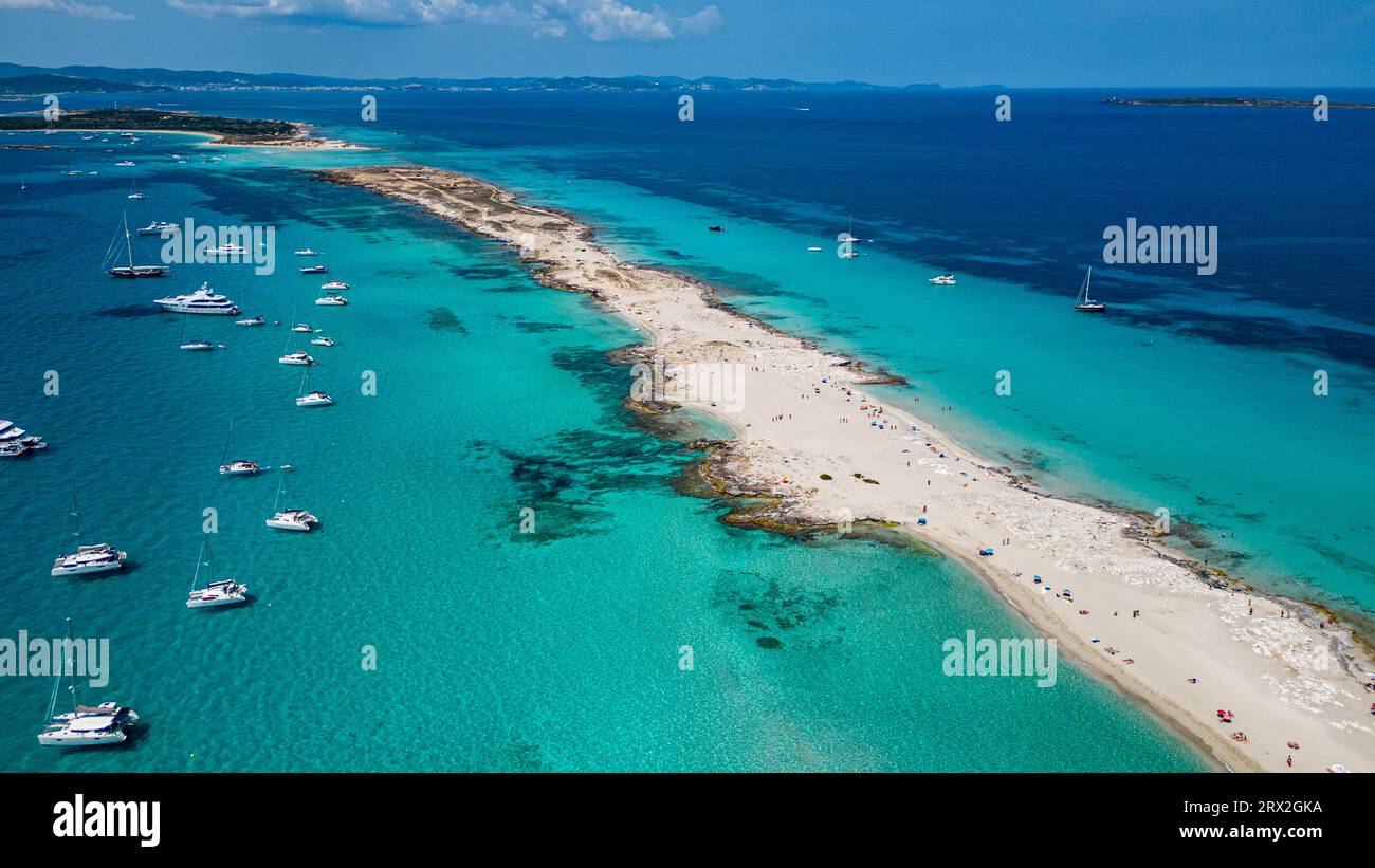 Aerial of the white sand beach of Platja de Ses Illetes, Formentera, Balearic Islands, Spain, Mediterranean, Europe Stock Photo
