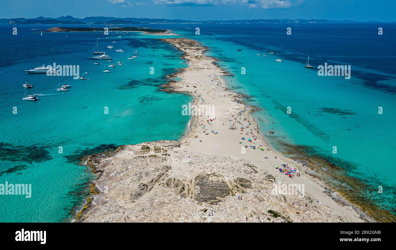 Aerial of the white sand beach of Platja de Ses Illetes, Formentera, Balearic Islands, Spain, Mediterranean, Europe Stock Photo