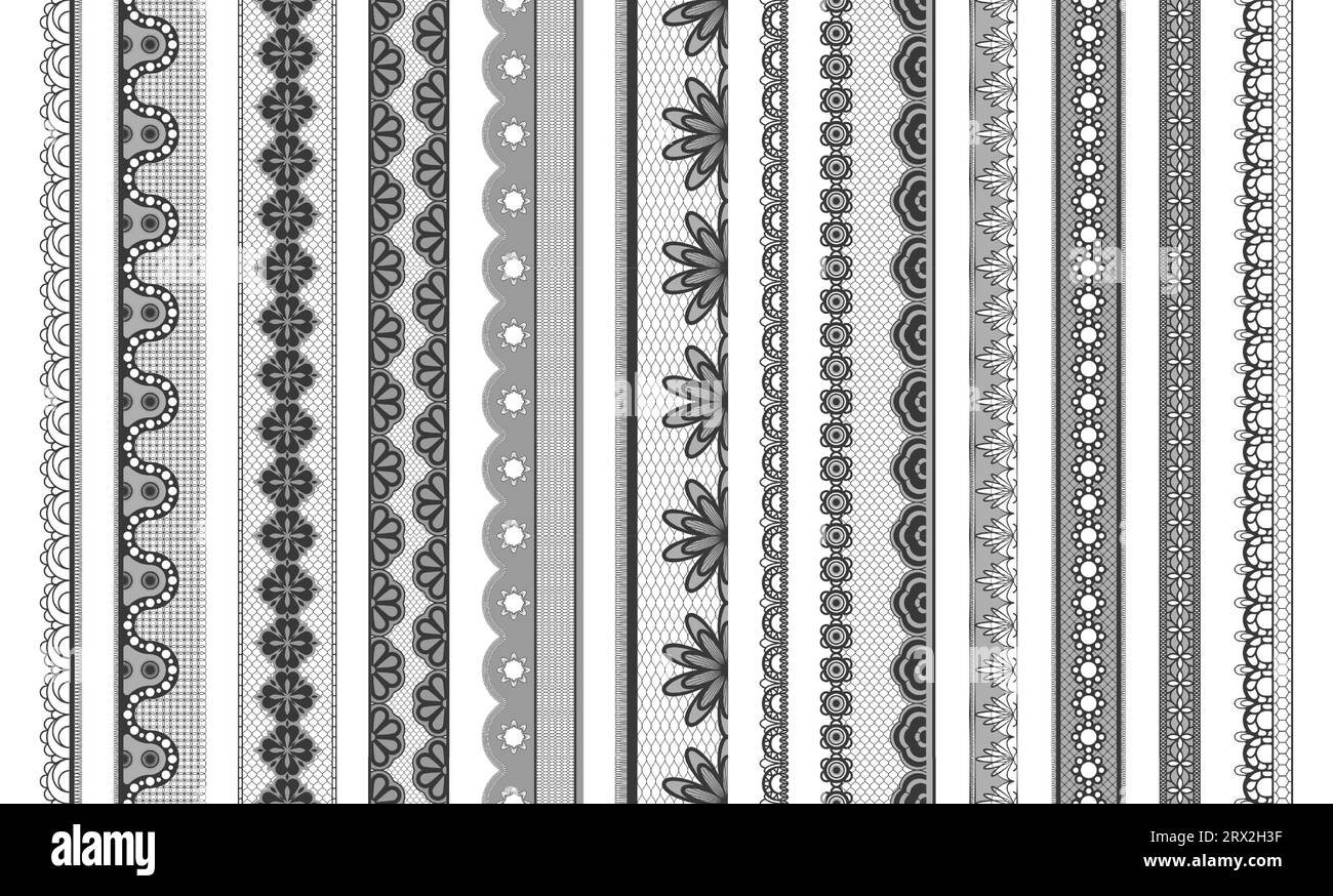 Lace ribbons. Geometric ornamental lace trim, floral romantic tracery elements, vintage romantic textile for greeting card invitation design. Vector set. Handmade embroidered cotton fabric Stock Vector