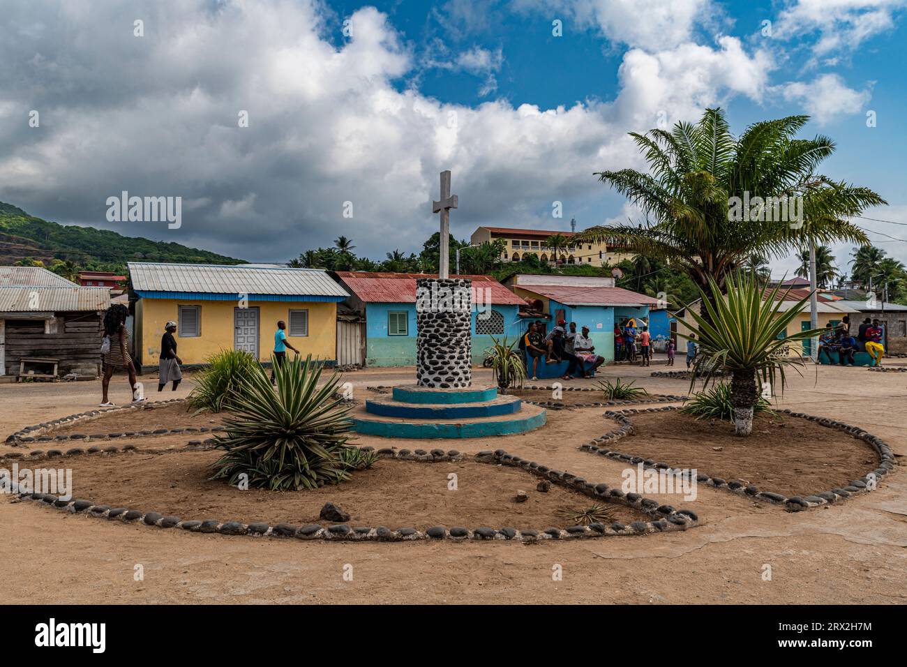 Village Square of San Antonio de Pale village, island of Annobon, Equatorial Guinea, Africa Stock Photo