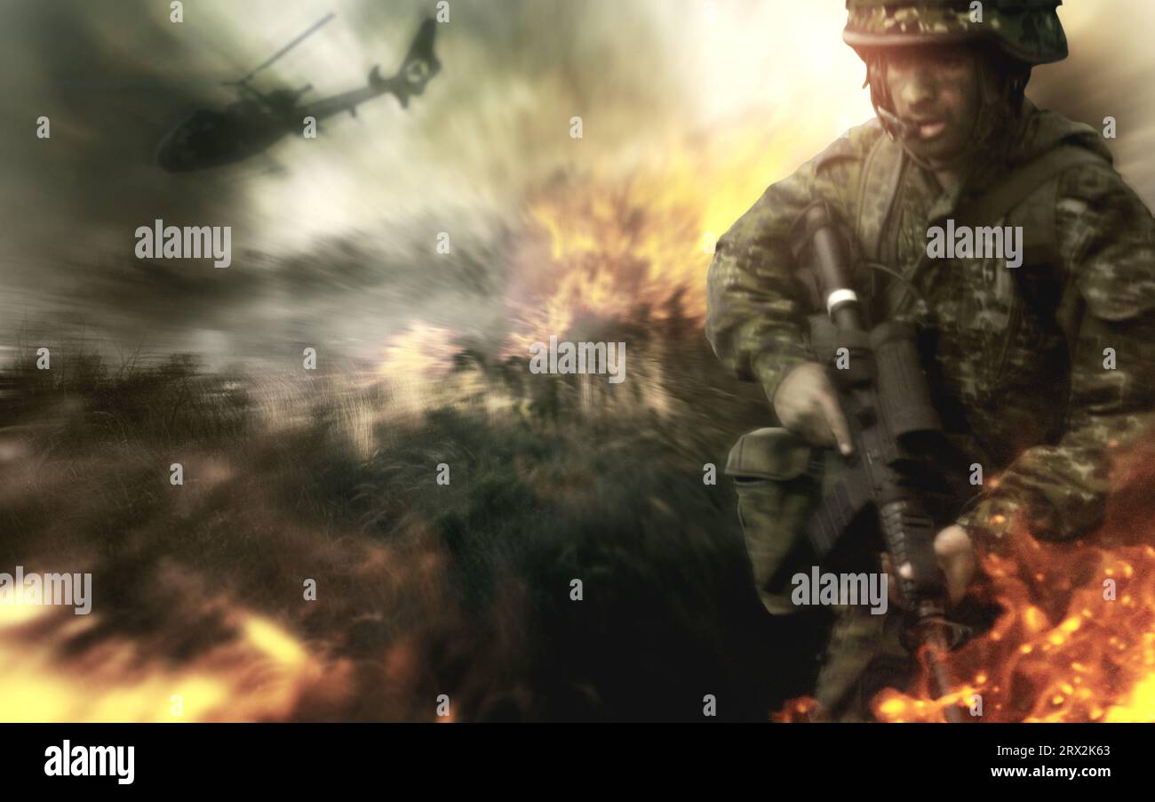 Army, man and war with field fire, gun and danger, risk or violence in military service and battle, mission or apocalypse. Soldier or hero walking in Stock Photo