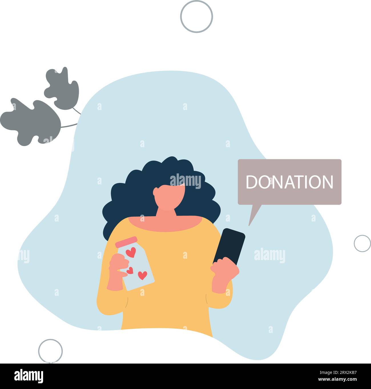 Woman holding charity jar with hearts and mobile phone with donation