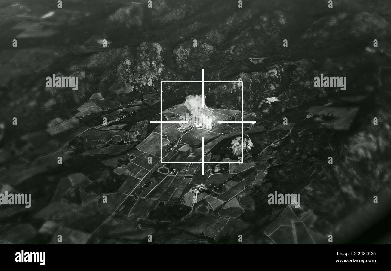 Satellite, bomb and aerial target of missile on map for war, international conflict and military. Army, warzone and bullseye of atomic, nuclear and Stock Photo