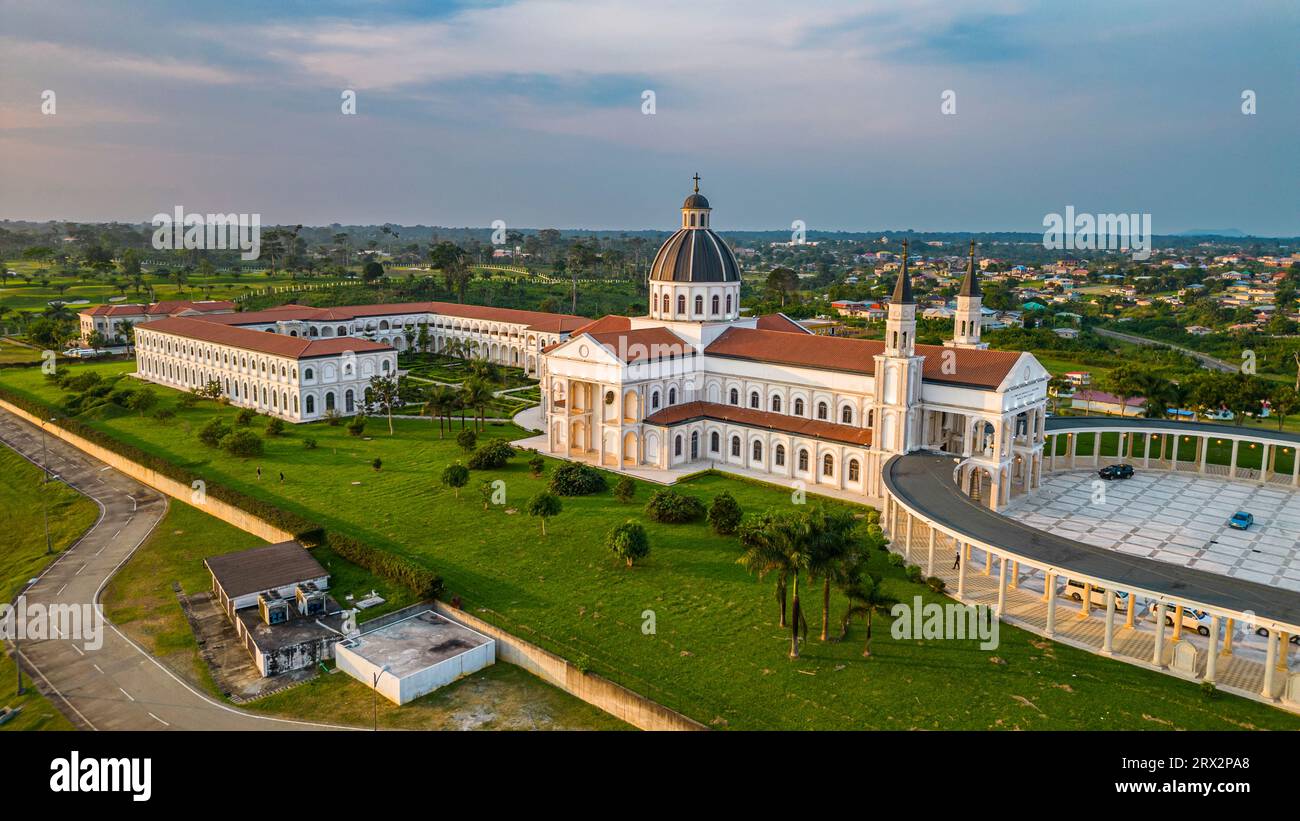 Aerial of the Basilica of the Immaculate Conception, Mongomo, Rio Muni, Equatorial Guinea, Africa Stock Photo