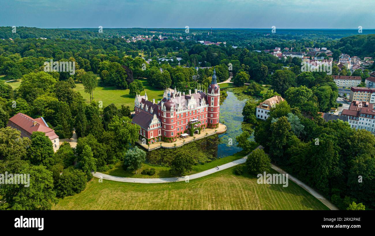 Aerial of Muskau Castle, Muskau (Muskauer) Park, UNESCO World Heritage