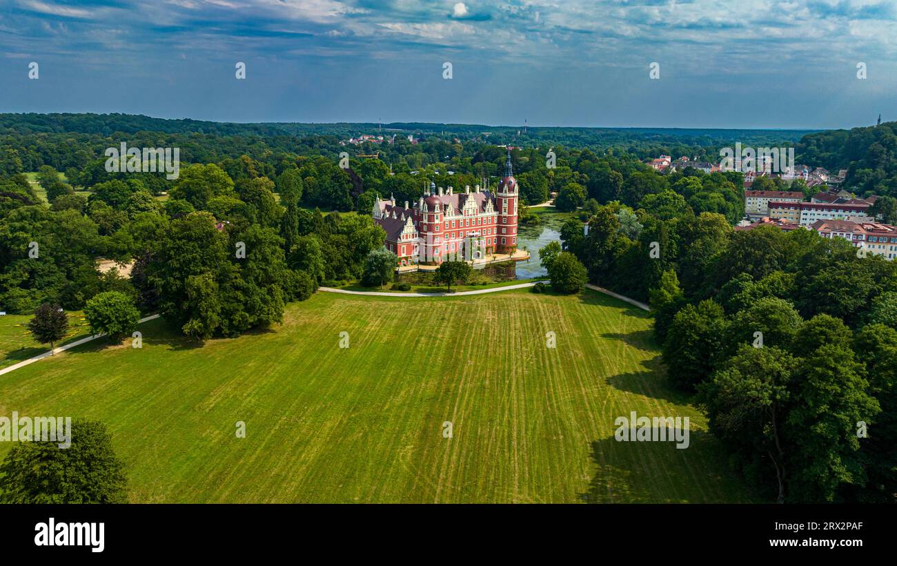 Aerial of Muskau Castle, Muskau (Muskauer) Park, UNESCO World Heritage Site, Bad Muskau, Saxony, Germany, Europe Stock Photo