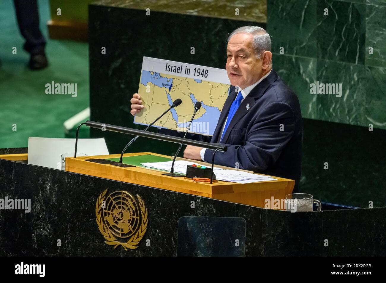 New York, USA. 22nd Sep, 2023. Israeli Prime Minister Benjamin Netanyahu displays a map of his country in 1948 as he addresses the 78th United Nations General Assembly at the UN headquarters. Credit: Enrique Shore/Alamy Live News Stock Photo