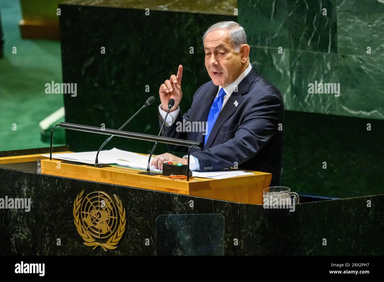 New York, USA. 22nd Sep, 2023. Israeli Prime Minister Benjamin Netanyahu addresses the 78th United Nations General Assembly at the UN headquarters. Credit: Enrique Shore/Alamy Live News Stock Photo
