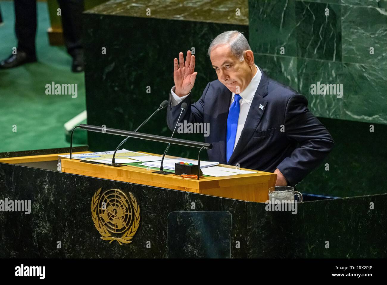 New York, USA. 22nd Sep, 2023. Israeli Prime Minister Benjamin Netanyahu addresses the 78th United Nations General Assembly at the UN headquarters. Credit: Enrique Shore/Alamy Live News Stock Photo
