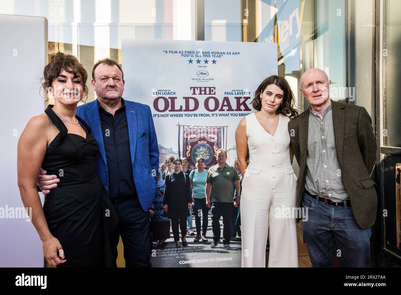 From left, Claire Rogerson, Dave Turner, Ebla Mari and Paul Laverty at the UK premier of The Old Oak, Durham UK. 21/9/2023. Photograph: Stuart Boulton Stock Photo