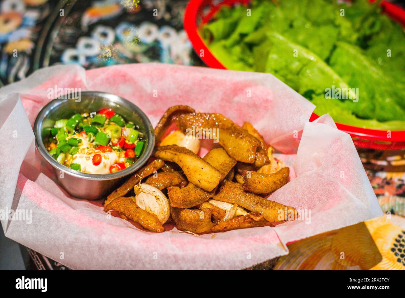 Deep Fried Pork Jowl with Garlic and mayonnaise sauce with spring onion Stock Photo Alamy