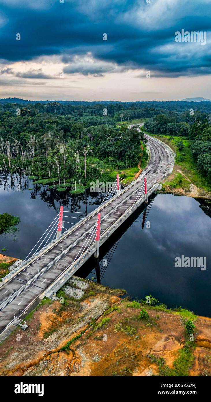 Aerial of a bridge cutting through the jungle to the future capital Ciudad de la Paz, Rio Muni, Equatorial Guinea, Africa Stock Photo