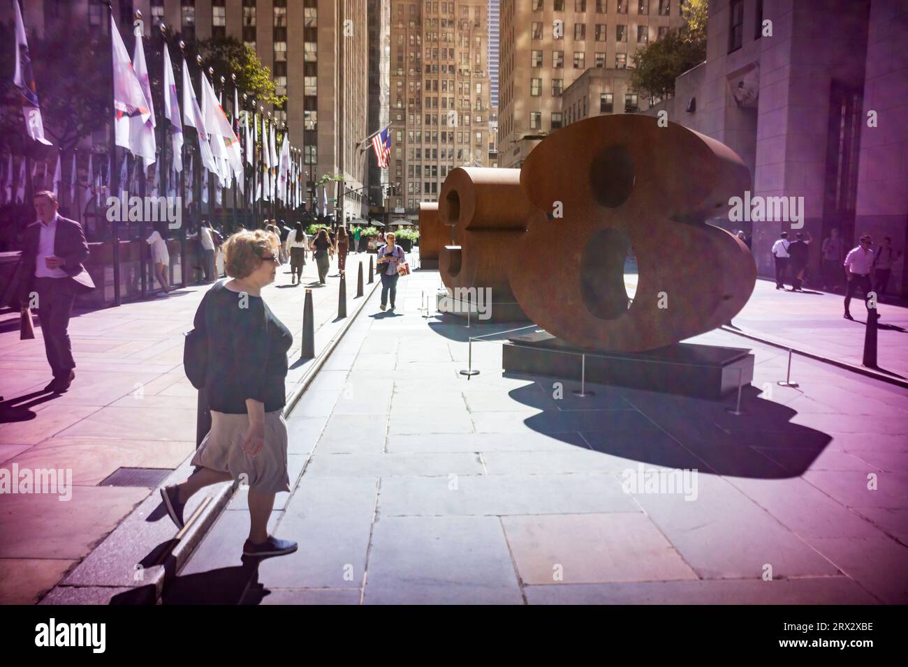 The public art sculpture “ONE through ZERO (The Ten Numbers)” (1980-2001) by Robert Indiana (1928-2018) is seen on display in Rockefeller Center in New York on Wednesday, September 20, 2023. “ONE through ZERO (The Ten Numbers)” (1980-2001), the iconic 12 foot high “Love” sculpture and 193 flags with images from Indiana’s Peace Paintings will be on display until October 23, 2023.(© Richard B. Levine) Stock Photo