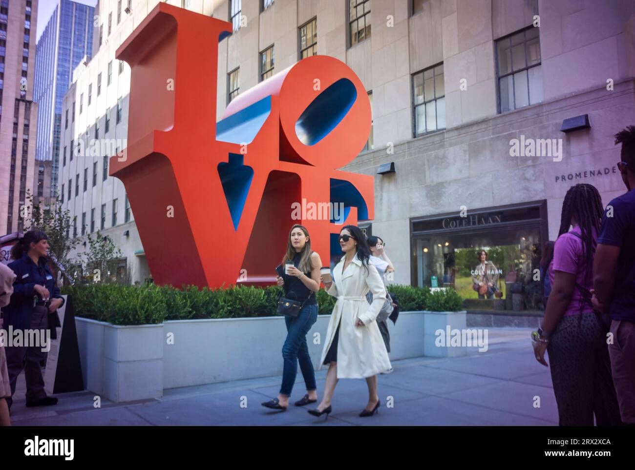 The public art sculpture 'Love' by Robert Indiana (1928-2018) is seen on display in Rockefeller Center in New York on Wednesday, September 20, 2023. The iconic 12 foot high sculpture at the entrance to the Channel Gardens as well as “ONE through ZERO (The Ten Numbers)” (1980-2001) and 193 flags with images from Indiana’s Peace Paintings will be on display until October 23, 2023.(© Richard B. Levine) Stock Photo