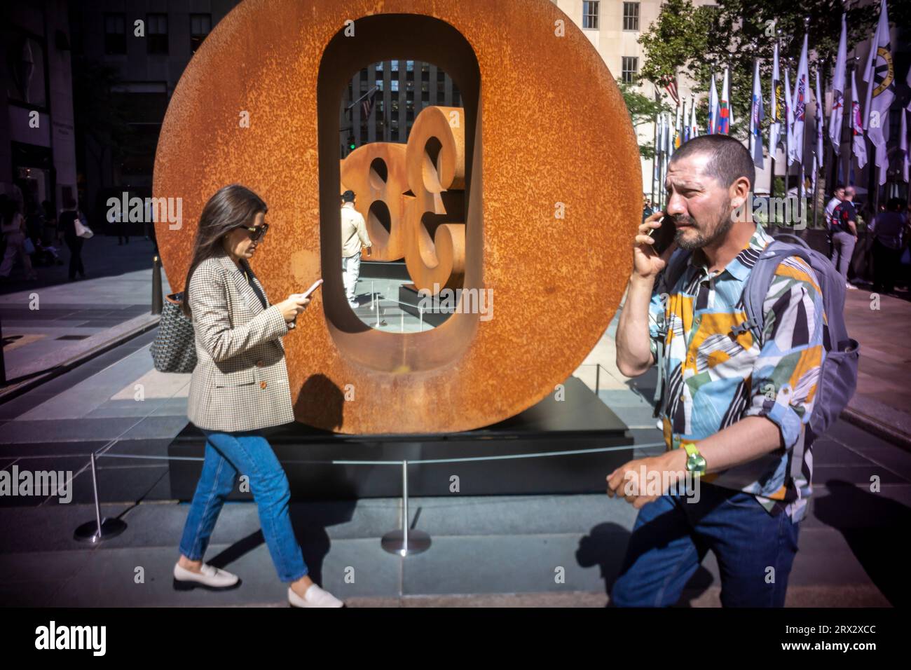 The public art sculpture “ONE through ZERO (The Ten Numbers)” (1980-2001) by Robert Indiana (1928-2018) is seen on display in Rockefeller Center in New York on Wednesday, September 20, 2023. “ONE through ZERO (The Ten Numbers)” (1980-2001), the iconic 12 foot high “Love” sculpture and 193 flags with images from Indiana’s Peace Paintings will be on display until October 23, 2023.(© Richard B. Levine) Stock Photo