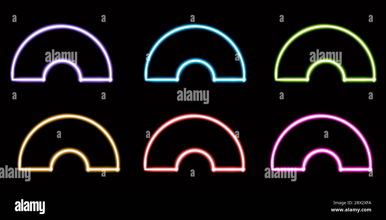 set geometric semicircle glowing desktop icon, neon geometric semicircle sticker, neon figure, glowing figure, neon geometrical figures  Stock Photo