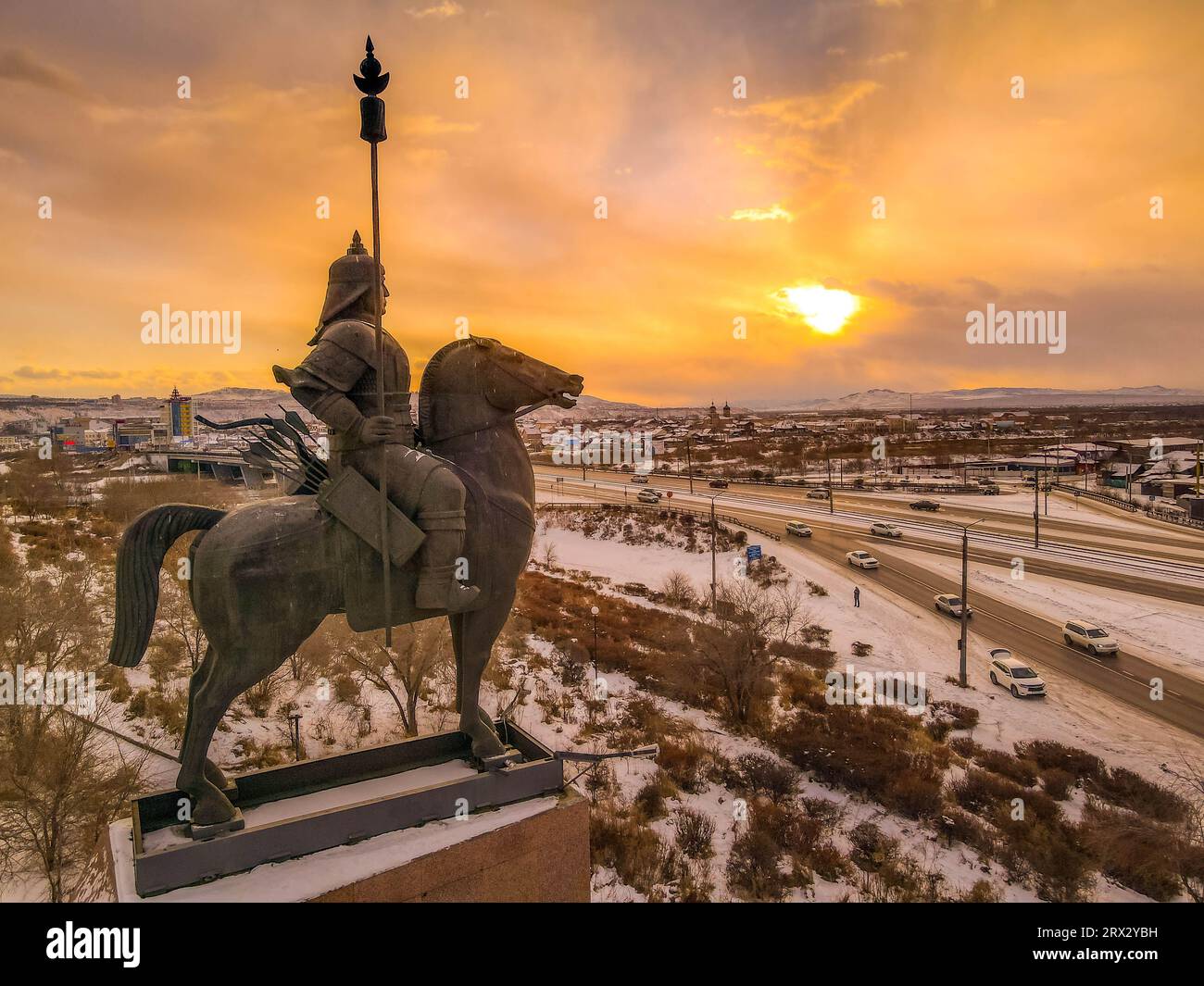 The old Soviet bronze statue of the Gesser, a mythological Buryat and Mongol hero, on the horse in the downtown of Ulan-Ude in Buryatiya, Russia. Stock Photo