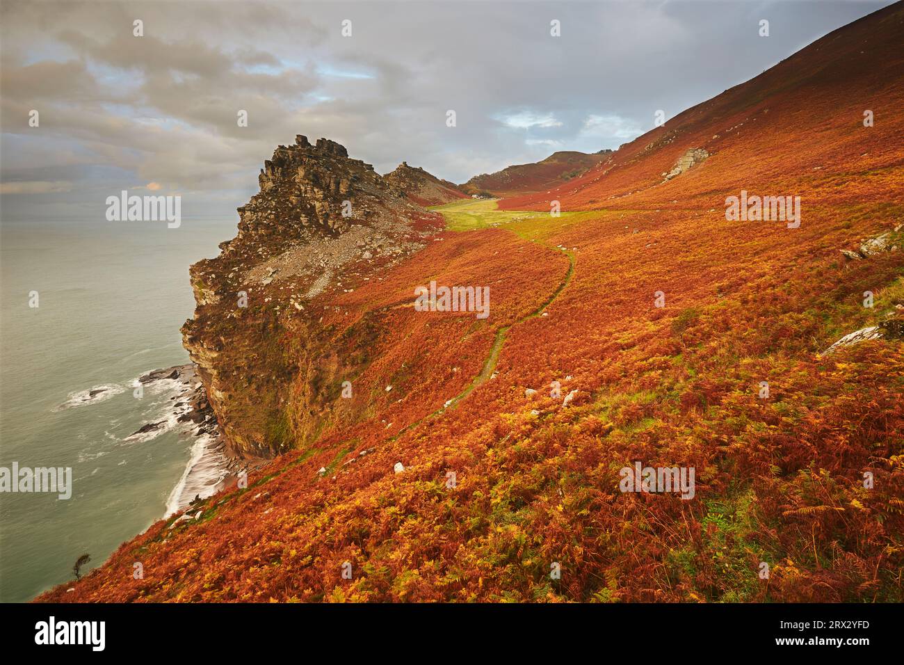 An autumn evening view of the cliffs and rocks at the Valley of Rocks, north Devon coast near Lynton, Exmoor National Park, Devon, England Stock Photo