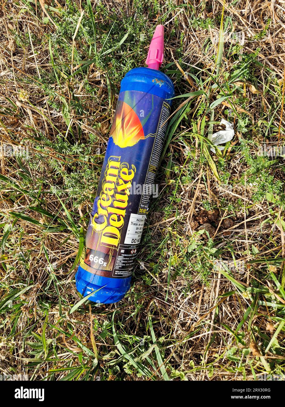Nitrous oxide can, new urban drug, Bron, France Stock Photo Alamy