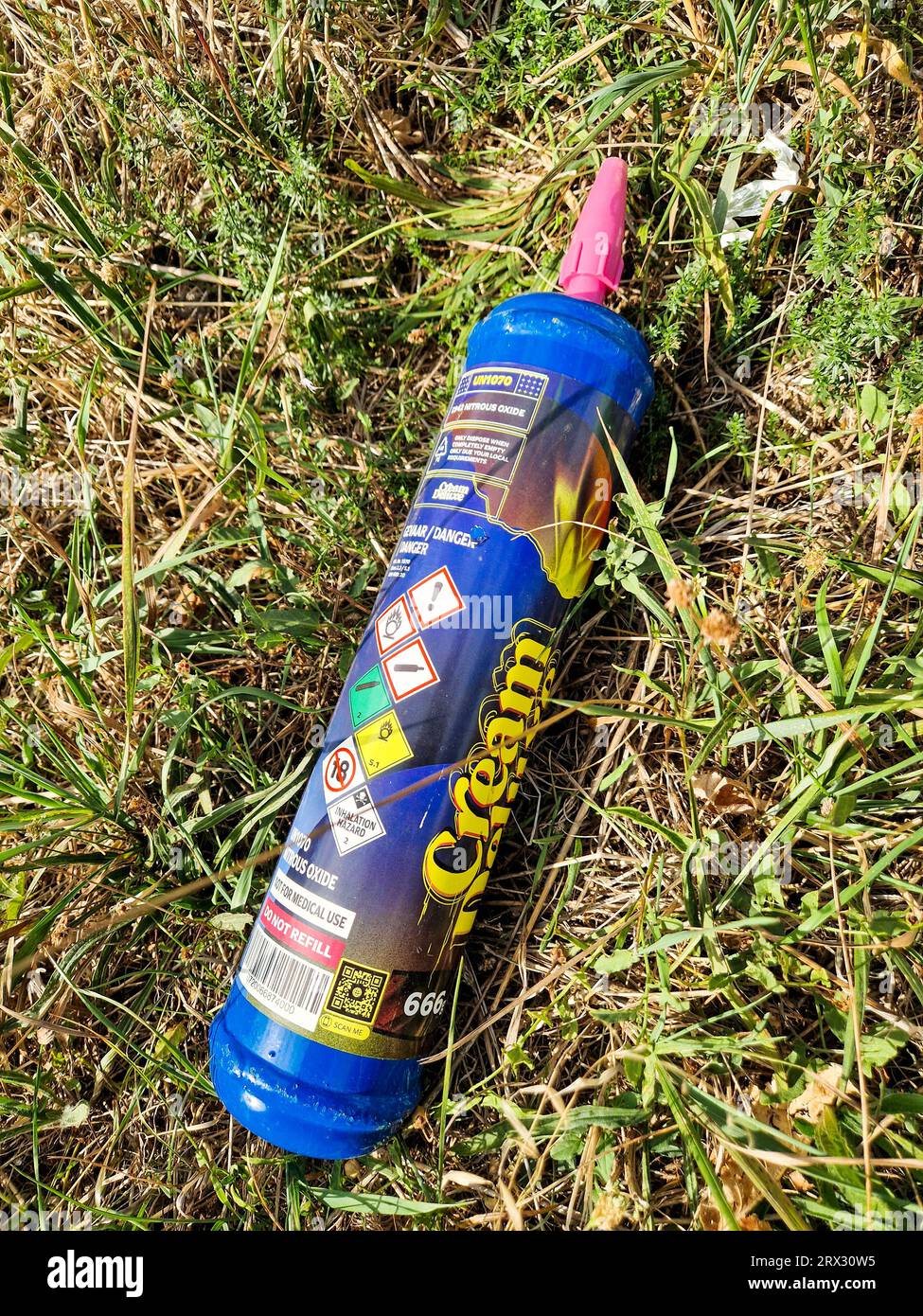 Nitrous oxide can, new urban drug, Bron, France Stock Photo Alamy