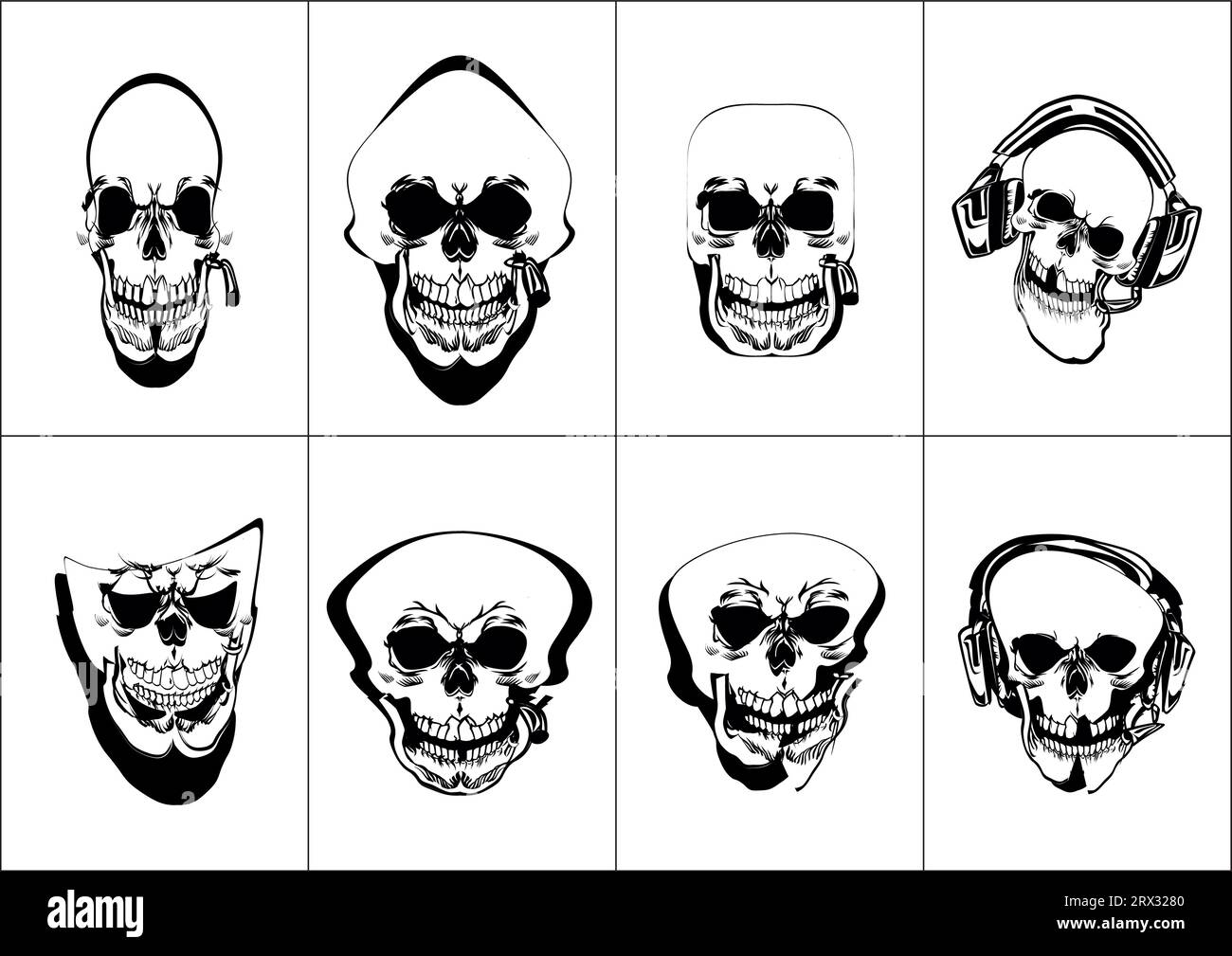 Set of Black and White Evil Skulls's  Vector Art Stock Vector