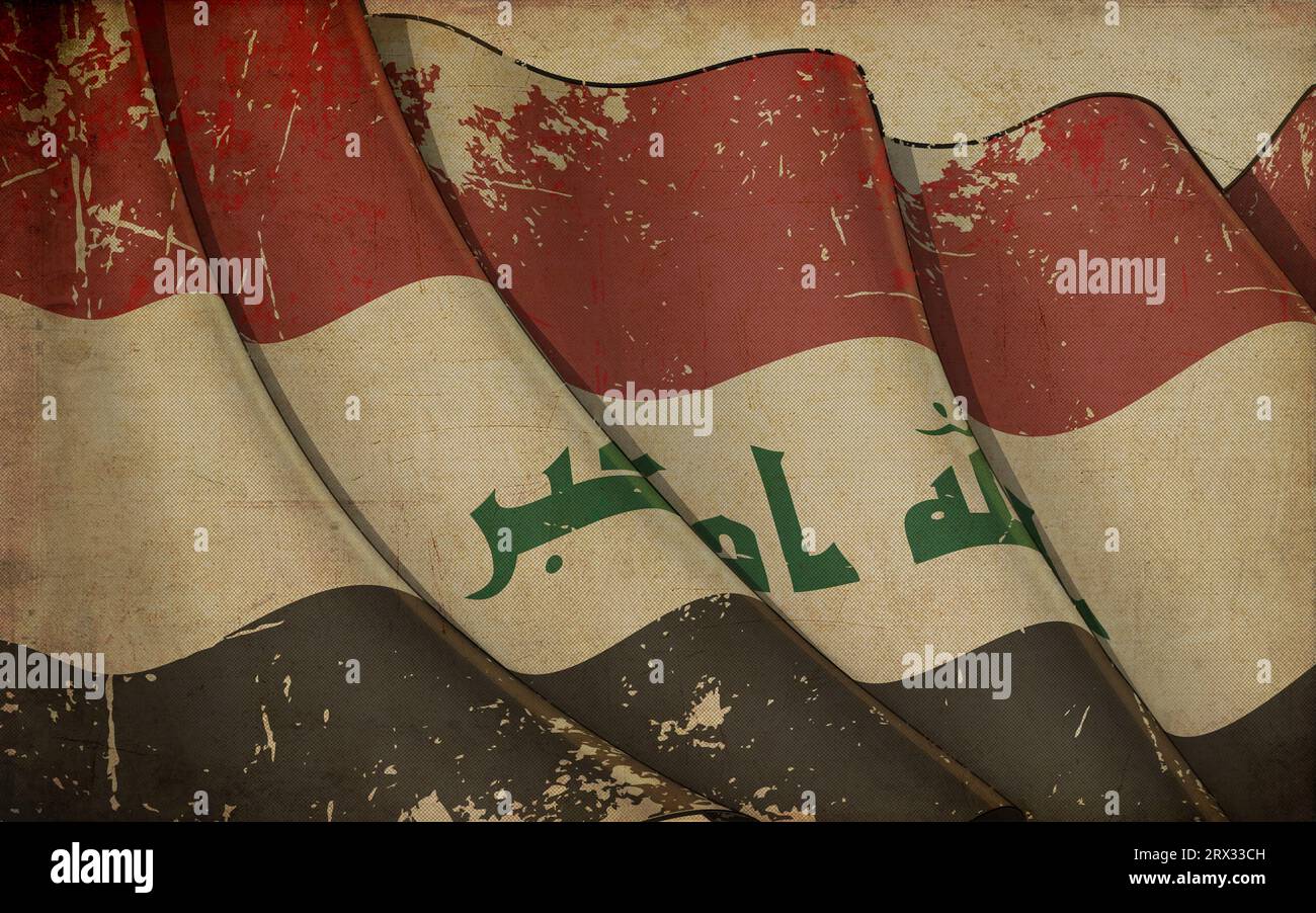 Background illustration of an old paper with a print of a waving Flag of Iraq Stock Photo