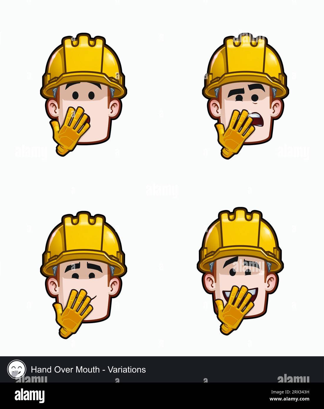 Icon set of a construction worker face with Hand Over Mouth emotional expression variations. All elements neatly on well described layers and groups. Stock Vector