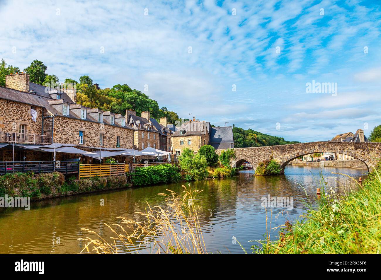 panoramic view of old stone bridge and historical medieval houses ...